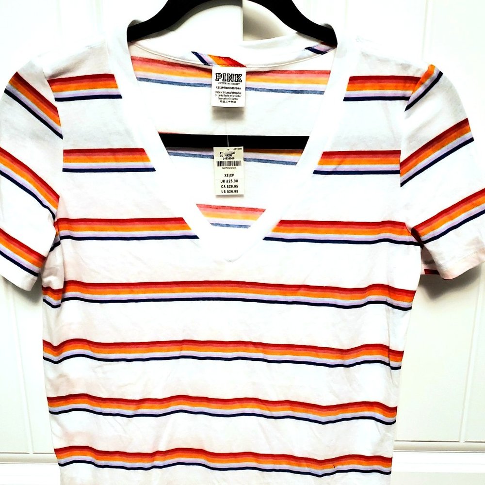 NEW Victoria's Secret PINK XS V-Neck Short Sleeve Retro Striped Tee Shirt White